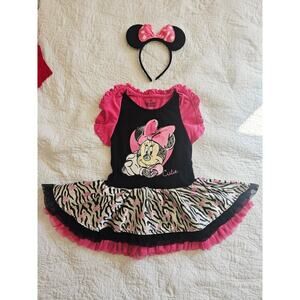 Disney Zebra Print & Pink Ruffles Minnie Mouse Dress & Ears Set Size 6 Girls